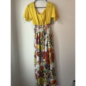 Vintage 70s Yellow Floral Balloon Sleeve‎ Maxi Dress Cottagecore Boho Size Small